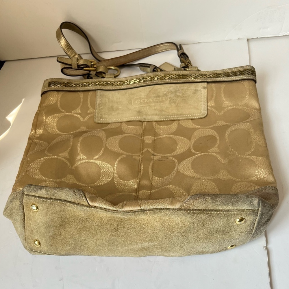 COACH Signature beaded Shoulder bag tote handbag beige gold canvas F06J-10390 - Picture 3 of 10